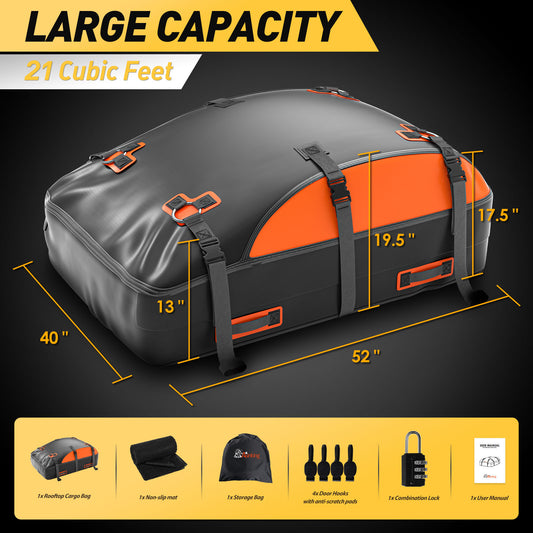 Asinking Car Rooftop Cargo Carrier Bag, 100% Waterproof Non-Rip 20 Cubic Feet Car Roof Bag for All Vehicles with/Without Rack, Includes Non-Slip Mat, Luggage Lock, 4 Door Hooks, Storage Bag